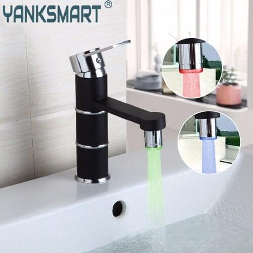 YANKSMART LED Light Black Paining Bathroom Faucet Deck Mounted Basin Sink Single Handle Faucet Hot And Cold Mixer Water Tap