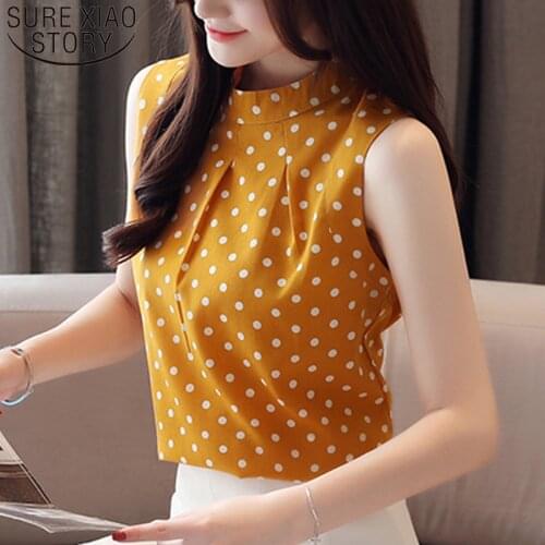 2020 Summer New Korean Style Stand Collar Sleeveless Chiffon Shirt Women Elegant Polka Dot Slim Fit Blouse Women Fashion 8985 50