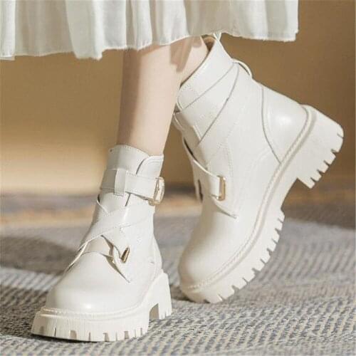 2022 Women Ankle Boots Thick-Soled Autumn Fashion Buckle Shoes Platform Punk Sneakers Chunky Heels Leather Chelsea Booties Beige