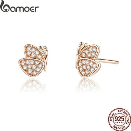 Bamoer 100% Sterling Silver 925 Rose Gold Color Butterfly Stud Earrings for Women Wedding Statement Jewelry Brincos SCE776