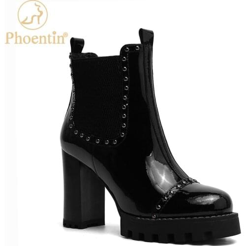 Phoentin rivet punk boots female elastic band high chelsea boots women platform shoes autumn round toe real leather shoes FT1111