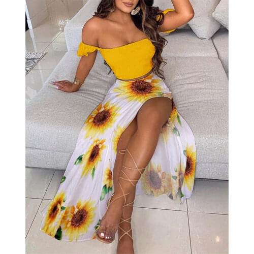 Sexy Women 2021 Floral Two Piece Summer Casual Dresses Set Outfits Short Sleeve Crop Tops + Split Long Dresses Female Clothing