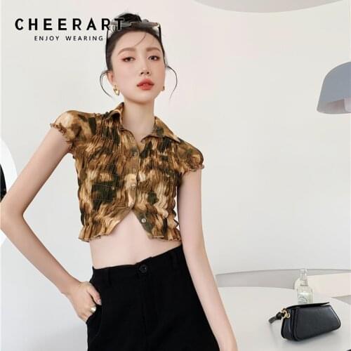 CHEERART Amber Y2K Ruched Brown Crop Top Button Up Shirt For Women Summer Top And Blouse 2021 Fashion Designer Shirt