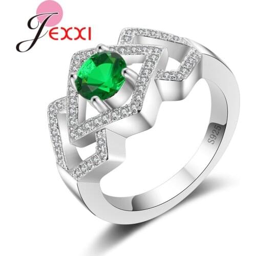 New Stylish Women Finger Ring Geometric Hollow Pattern Shiny Green Round Crystal Jewellery 925 Sterling Silver Anel