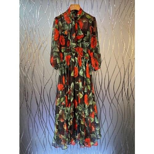 Newest Fashion Dress 2021 Autumn Women Bow Collar Red Rose Floral Print Long Sleeve Mid-Calf Length Casual Party Club Dresses