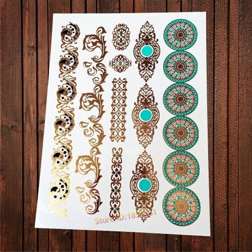 1PC Sexy Makeup Flash Temporary Tattoo Sticker Gold Henna Flower Bracelet Round Circle Pattern Waterproof Tattoo Fake Jewel AS46