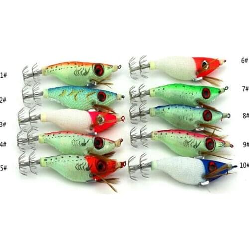 10Pcs luminous Artificial Squid Jigs Bait Octopus Cuttlefish Shrimp Bait 10cm 9g Wooden Shrimp Fish Lure Fishing Tackle