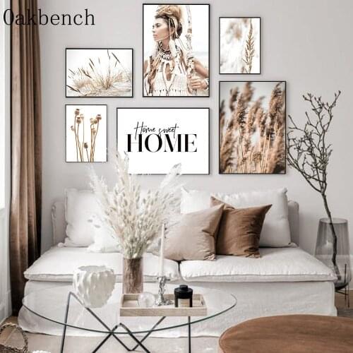 Boho Woman Painting Wild Wheat Reed Plant Canvas Print Home Quotes Wall Art Poster Nature Landscape Picture Scandinavian Decor