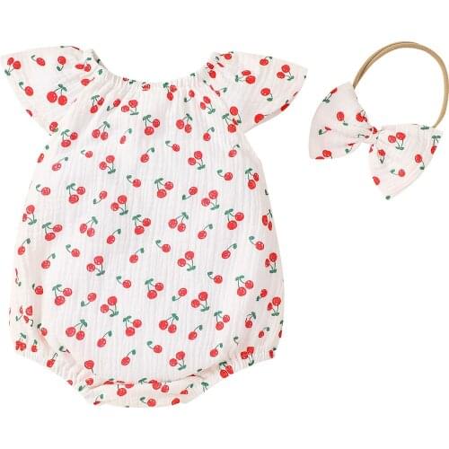 New Baby Girls Casual Suit Round Neck Short Sleeve Cherry Print Elastic Romper Bow Headband Set