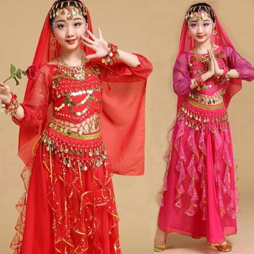 4pcs/1set Girls Belly Dance Costumes Girl Oriental Dance Children Sequins India Bollywood Dance Kid Professional Stage Dancing