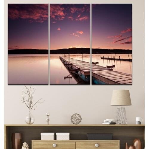 Canvas Paintings Wall Art HD Prints Poster 3 Piece Sunset Glow Wood Bridge Sea Landscape Pictures Modular Living Room Home Decor