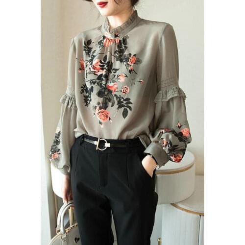 2021 spring and autumn new imitation silk shirt womens all-match printing blouse lantern sleeve leisure