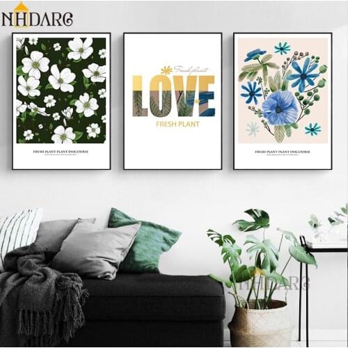 Posters and Prints Wall Art Canvas Painting Nordic Flowers Leaves Love Quote Wall Pictures for Living Room Modern Home Decor