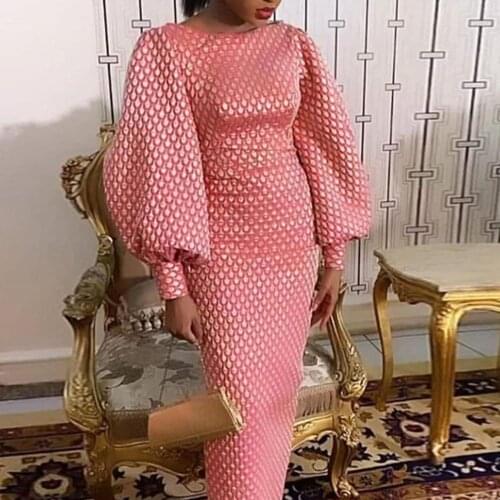 African Fashion Pink Long Dress Women Round Neck Long Lantern Sleeve Plus Size Autumn Winter Maxi Dresses Party Office Vestido
