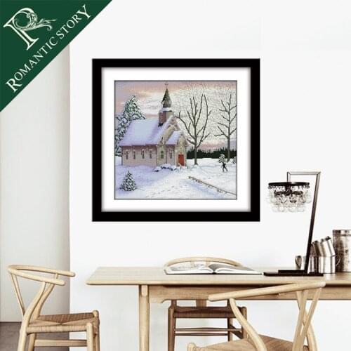 Romantic Story Winter Church Painting Embroidery Cross Stitch Needlework Cross-Stitching Sets Handmade Art DIY Home Decoration