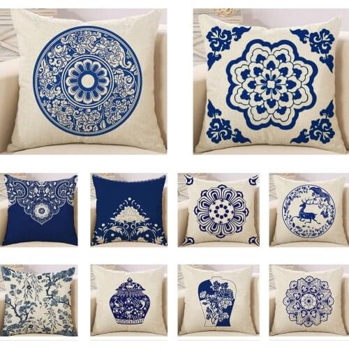 RUBYLOVE Retro Classical Chinese Style Cushion Covers Blue And White Porcelain Printed Throw Pillows Cases Home Sofa Car Decor