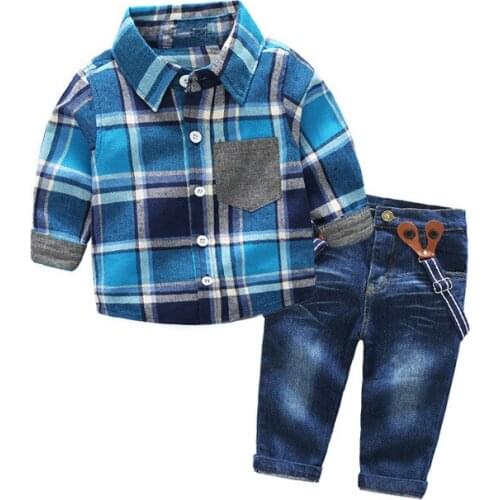 Long-sleeve Boys Clothing Set Blue Plaid Shirt + Suspenders Jeans Casual Kids Clothes for Boy Suit Set Infant Children Clothing