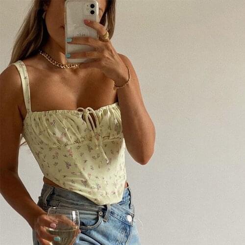 Girls Sexy Yellow Floral Printed Sleeveless Slash Neck Ruched Drawstring Cropped Tank Tops Summer Casual Slim Tops New Arrival