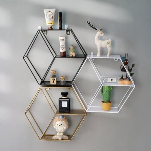 Hexagonal Wall Storage Rack Three-tier Structure Geometric Iron Grid Decorative Hanging Shelf for Study / Living Room