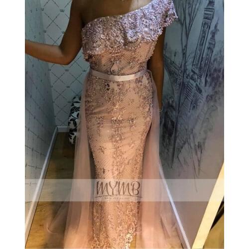 Stylish Fancy Dubai Evening Gown Pagent One Shoulder Design Pearl Beaded Reception Dress For Bride Party With Removable Skirt