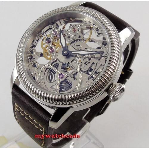 Top Brand Luxury PARNIS 44mm Skeleton Dial Mechanical Hand Winding 6497 Movement Mens Watch Relogio Masculino