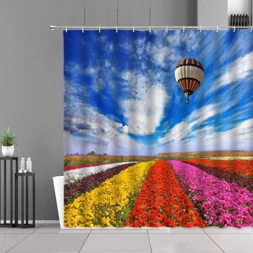3D Print Purple Red Flowers And Floating Hydrogen Balloons Shower Curtains Baths Curtain Polyester Bath Screens Hook Home Decor