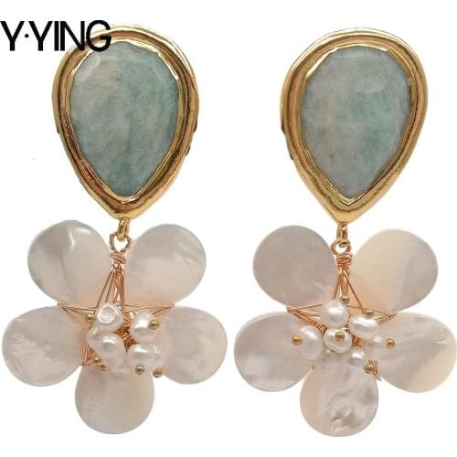 Y·YING Teardrop Green Amazonite White Mop Pearl Flower Dangle Stud Earrings