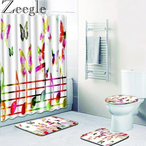 Zeegle Bathroom Bath Mat Set With Shower Curtain Waterproof Anti Slip Pedestal Rug Lid Toilet Cover Bath Mat Set