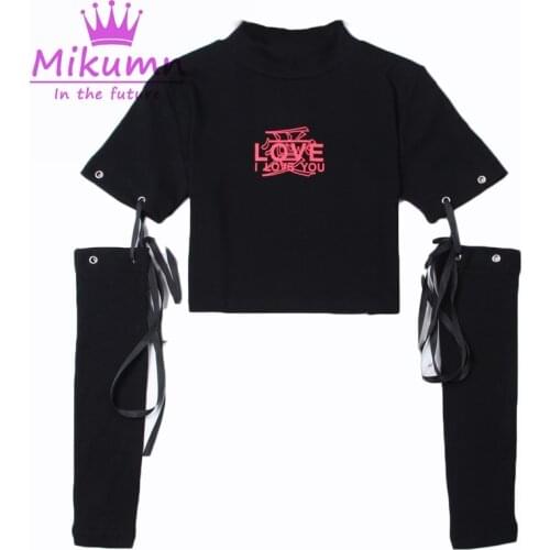 Women Sexy Bodycon T Shirt Harajuku Love Print Lace-up Long Sleeve Crop Tops Fashion Gothic Black Girl Casual Tees Shirt