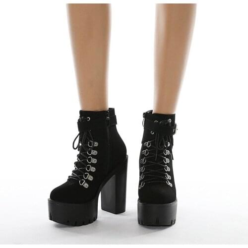 New Lace Up Women Boots Platform Buckle Boot Winter Shoes Thick Heel Autmn Boots With Zipper Ankle Strap Black Suede High heel
