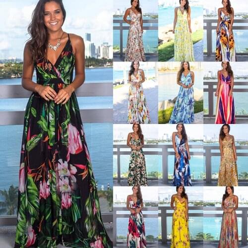 2021 Ladies Print Floral Long Boho Bohemian Beach Summer Dress Women Sundress Sexy V-Neck Sleeveless Strap Maxi Vintage Vestidos