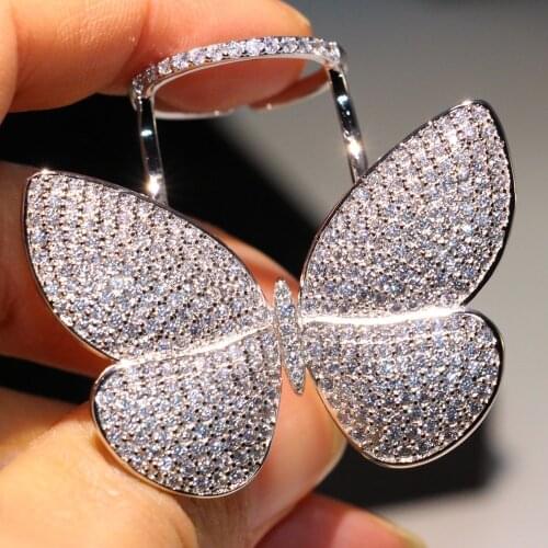 2019 New Stunning Sweet Cute Luxury Jewelry 925 Sterling Silver Pave CZ Diamond Zircon Women Wedding Move Butterfly Ring Gift