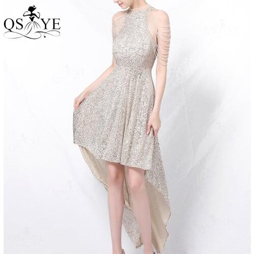 Silver Short Prom Dresses Sequin Beadings Evening Gown Halter Party Dress Short Front Long Back Girl Formal Gown Lady Dress New