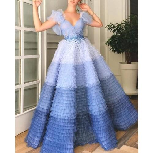 2019 Couture Ombre Blue Robe de soiree Layered Tulle Elegant Evening Formal Dress V Neck Short Sleeve Prom Party Gowns Vestido