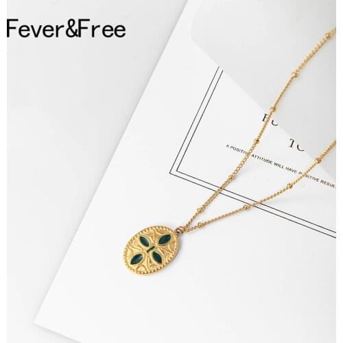 Fever&Free Vintage Gold Stainless Steel Necklace For Women Hollow Out Black Green Oval Fashion Necklace Party Jewelry Gift