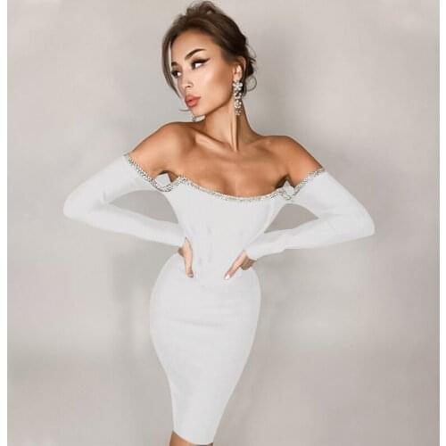 2021 New Fashion Women Designer White Mini Bodycon Bandage Off The Shoulder Long Sleeve Party Dress