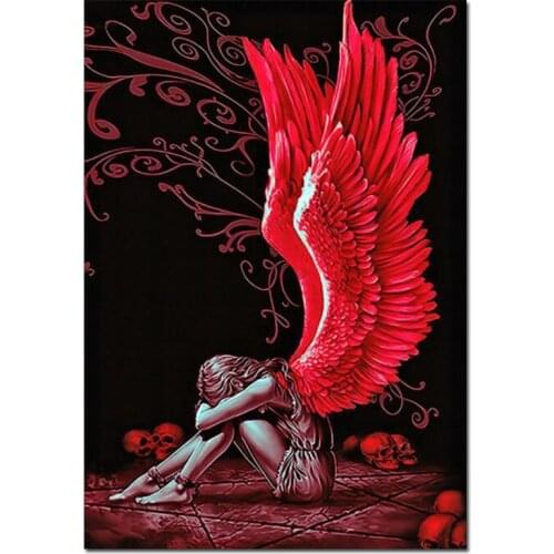 Diamond Embroidery Angels wings, Red sad Skull Girl Full Square round Diamond Mosaic Art Painting Cross Stitch Wall Decor
