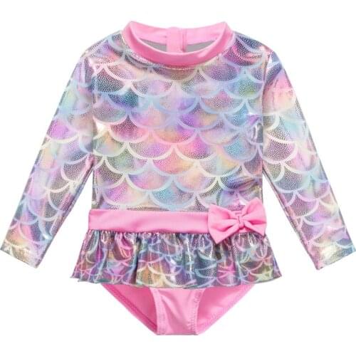 BAOHULU Shiny Baby Swimwear Long Sleeves Infant Swimsuit One Piece Toddler Baby Bathing Suits for Girls Fish Scale Pattern