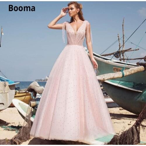 Booma Pink Wedding Dresses Beach Bridal Gowns V-neck Sleeveless Open Back Soft Pearls Tulle Boho Princess Party Dress Plus Size
