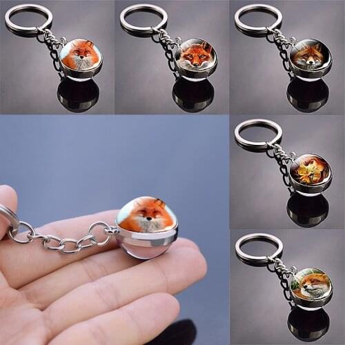 8 Styles Fox Keychain Glass Ball Pendant Fox Stuff Key Rings Animal Key Chain Double Side Ball Men Women Key Chain Jewellry