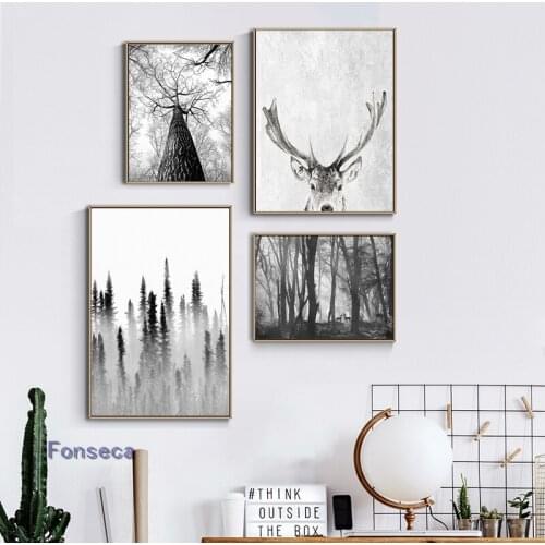 Scandinavian Style Decorative Poster White Landscape Canvas Painting Nordic Forest Deer Eagle Black Wall Art Minimalist Picture