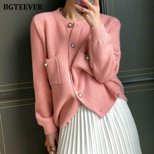 BGTEEVER Elegant O-neck Single-breasted Women Knitted Cardigans Tops Long Sleeve Pockets Loose Female Solid Sweaters 2021 Autumn