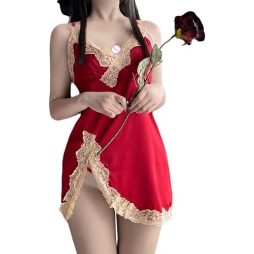 H9ED Erotic Temptation Pajamas Sexy Lace Lingerie Suspender Nightdress Cross Back Adjustable Sling Sleepwear for Womens