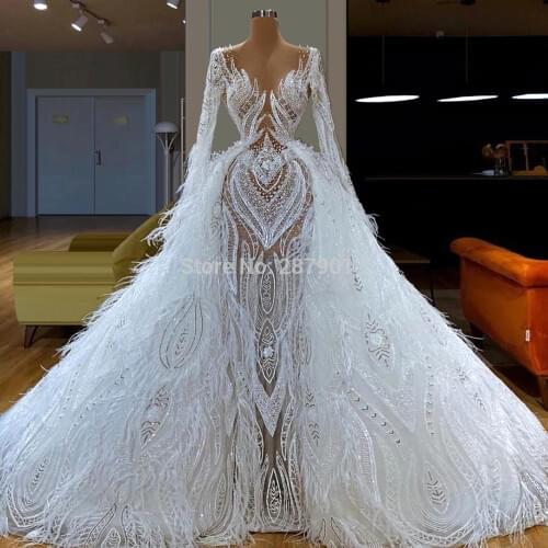 Junoesque V-Neck Wedding Dress Mermaid Beaded Pearl Long Sleevees Tulle Floor-Length Women Dress Bridal Gowns Party Dress Dubai