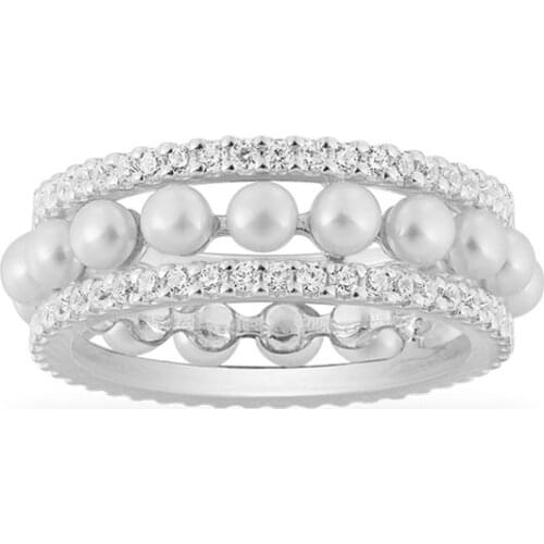 SLJELY Fashion Real 925 Sterling Silver Double Circles Pearls Finger Ring Micro Cubic Zirconia Stones Women Fine Brand Jewelry