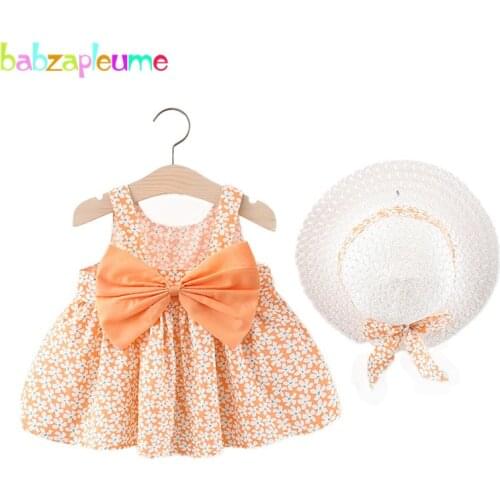 2Piece Summer Outfits Baby Girl Clothes Flowers Cute Bow Sleeveless Beach Toddler Princess Dress+Sunhat Newborn Dresses BC2012-1