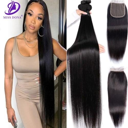 Miss Dona Long Straight Brazilian Virgin Remy Hair 34 36 38 40 Bundles With Closure Human Hair 4x4 Lace Frontal For Black Women