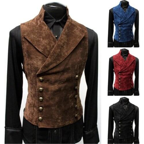 Mens Double Breasted Gothic Steampunk Velvet Vest Stand Collar Medieval Victorian Black Waistcoat Men Stage Cosplay Prom Costume