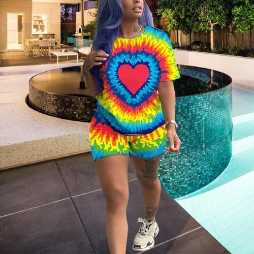 2019 latest Cute Leisure Crewneck Printing Multicolor Two-piece Shorts Suit for European and American Womens Wear