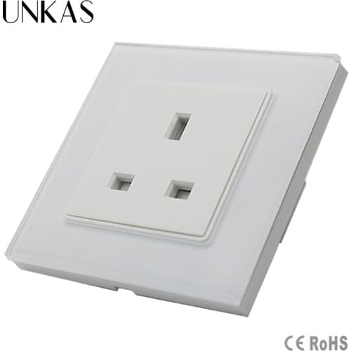 UNKAS New Arrived AC110~250V, 13A Wall Outlet, UK Standard Socket, White Crystal Glass Panel, GB-C7C1UK-11, 86mm*86mm